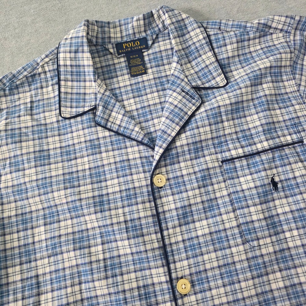 Polo Ralph Lauren Men Blue White Plaid Pajama Top Short Sleeve Button Down Med